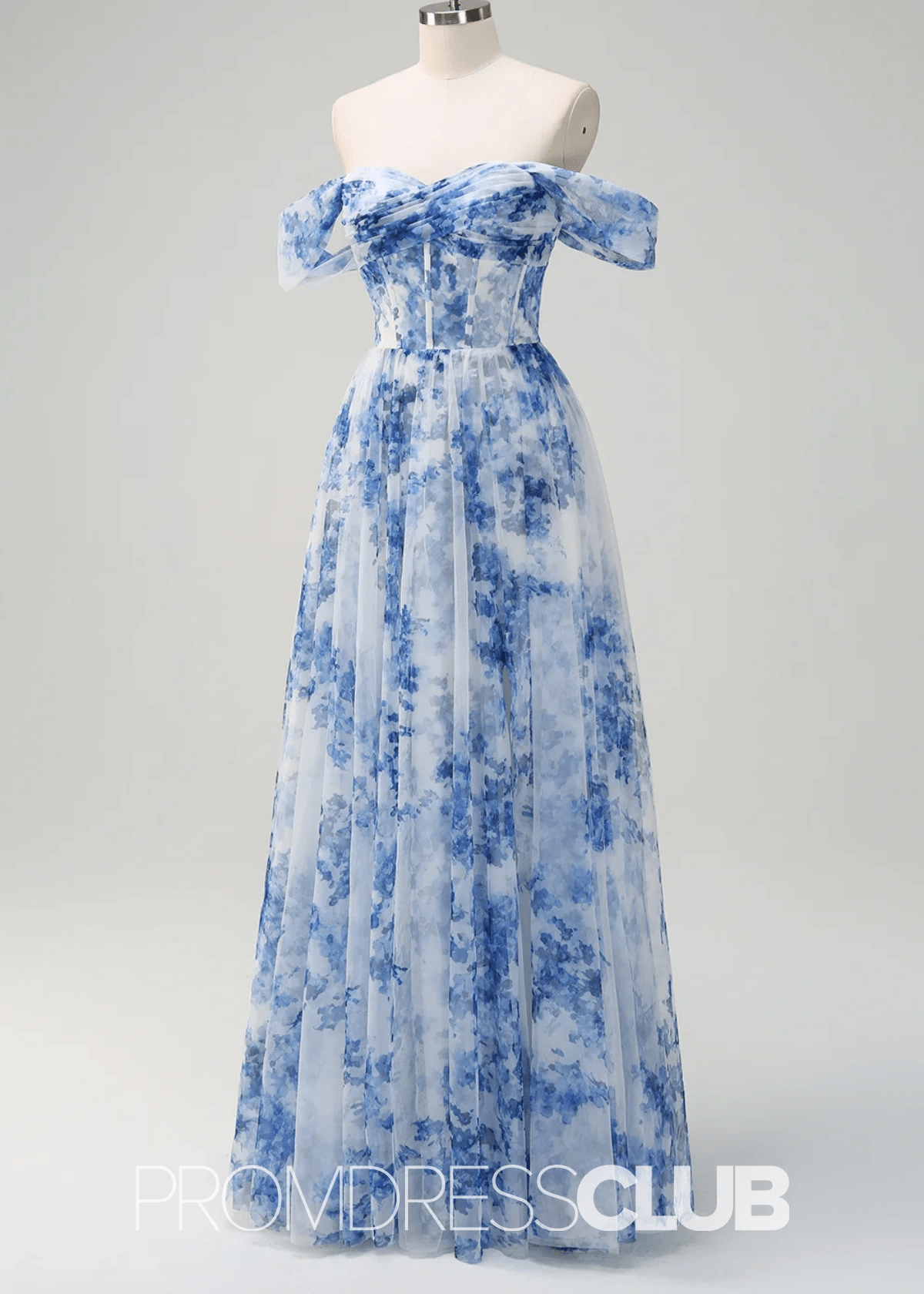 Irma | White Blue Flower Maxi Formal Dress - Blue Floral - PROMDRESS Club