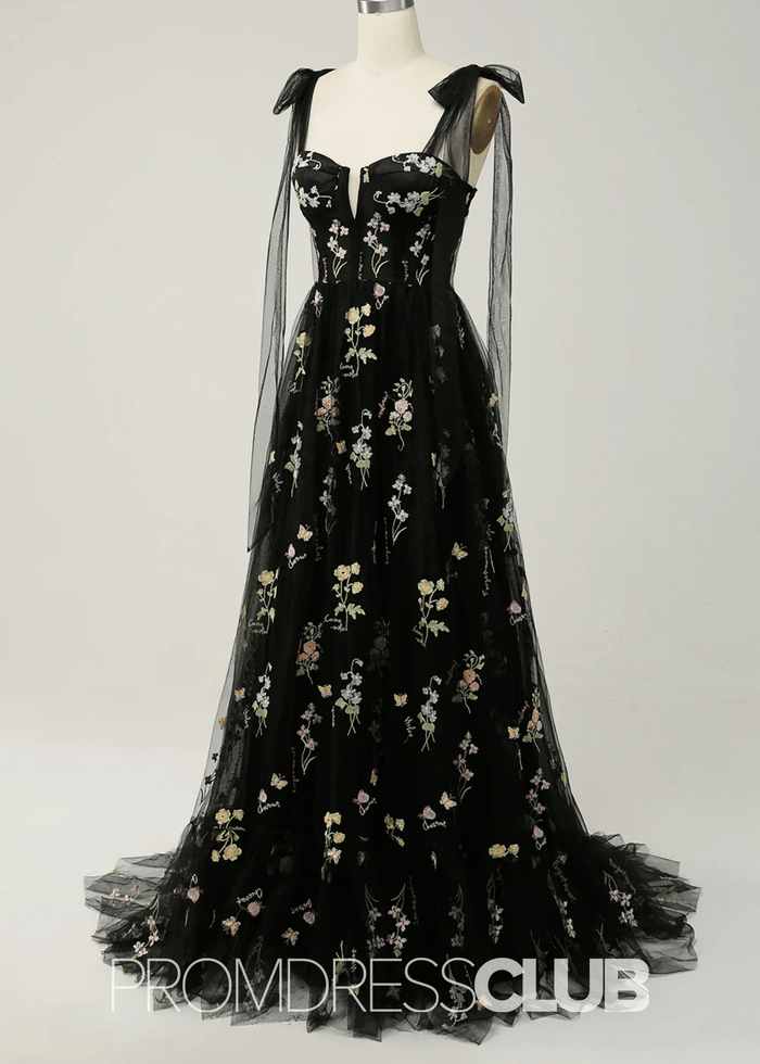 Isabel | Embroidery Corset Black Floral Long Prom Dress - Price #price_variant_lowest# - Black Floral - PromDressClub