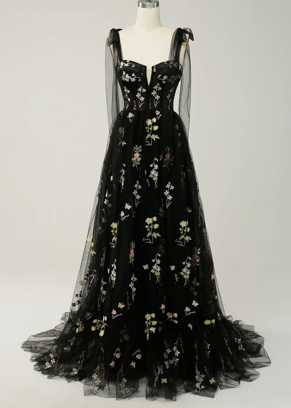 Isabel | Embroidery Corset Black Floral Long Prom Dress - Black Floral - PROMDRESS Club