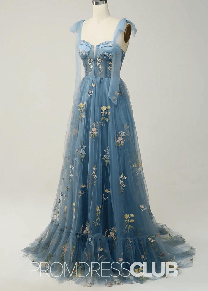 Isabel | Embroidery Corset Black Floral Long Prom Dress - Price #price_variant_lowest# - Blue Floral - PromDressClub