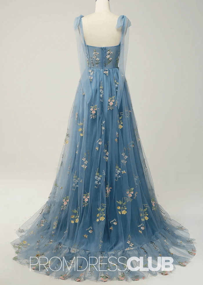 Isabel | Embroidery Corset Black Floral Long Prom Dress - Price #price_variant_lowest# - Blue Floral - PromDressClub