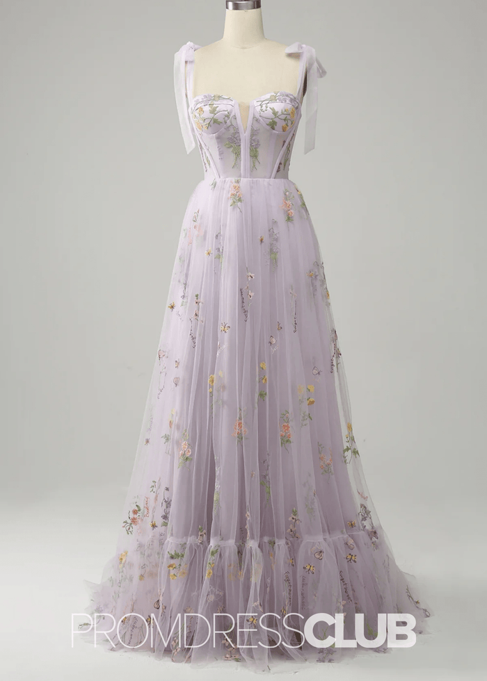 Isabel | Embroidery Corset Black Floral Long Prom Dress - Price #price_variant_lowest# - Lavender Floral - PromDressClub