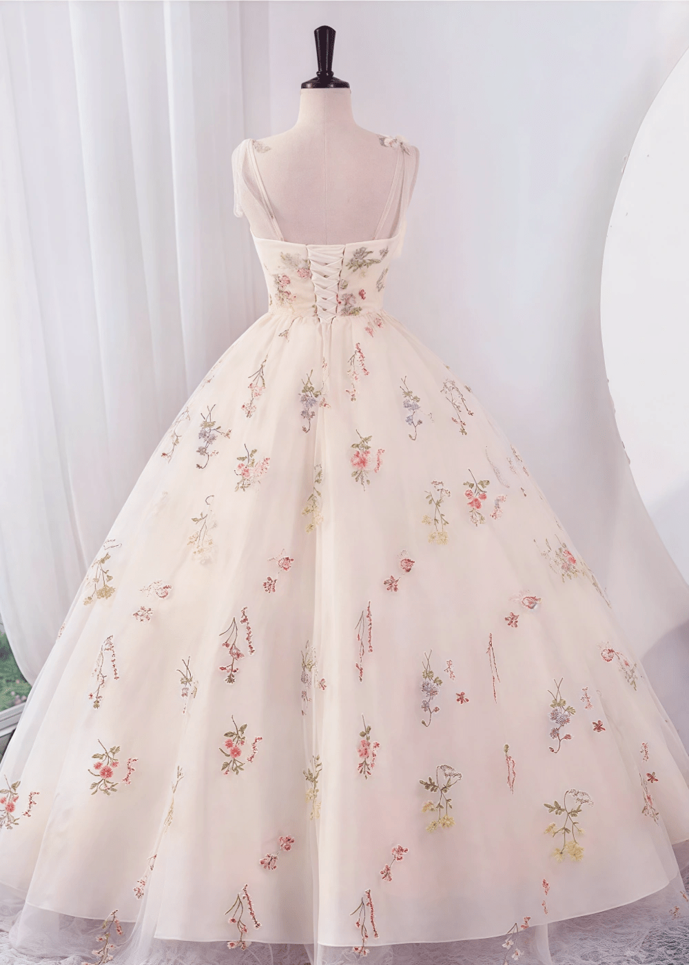 Isabel | Exquisite Elegant Champagne Floral Sweetheart Neck Corset Wedding Dress with Bow - Champagne Floral - PromDressClub