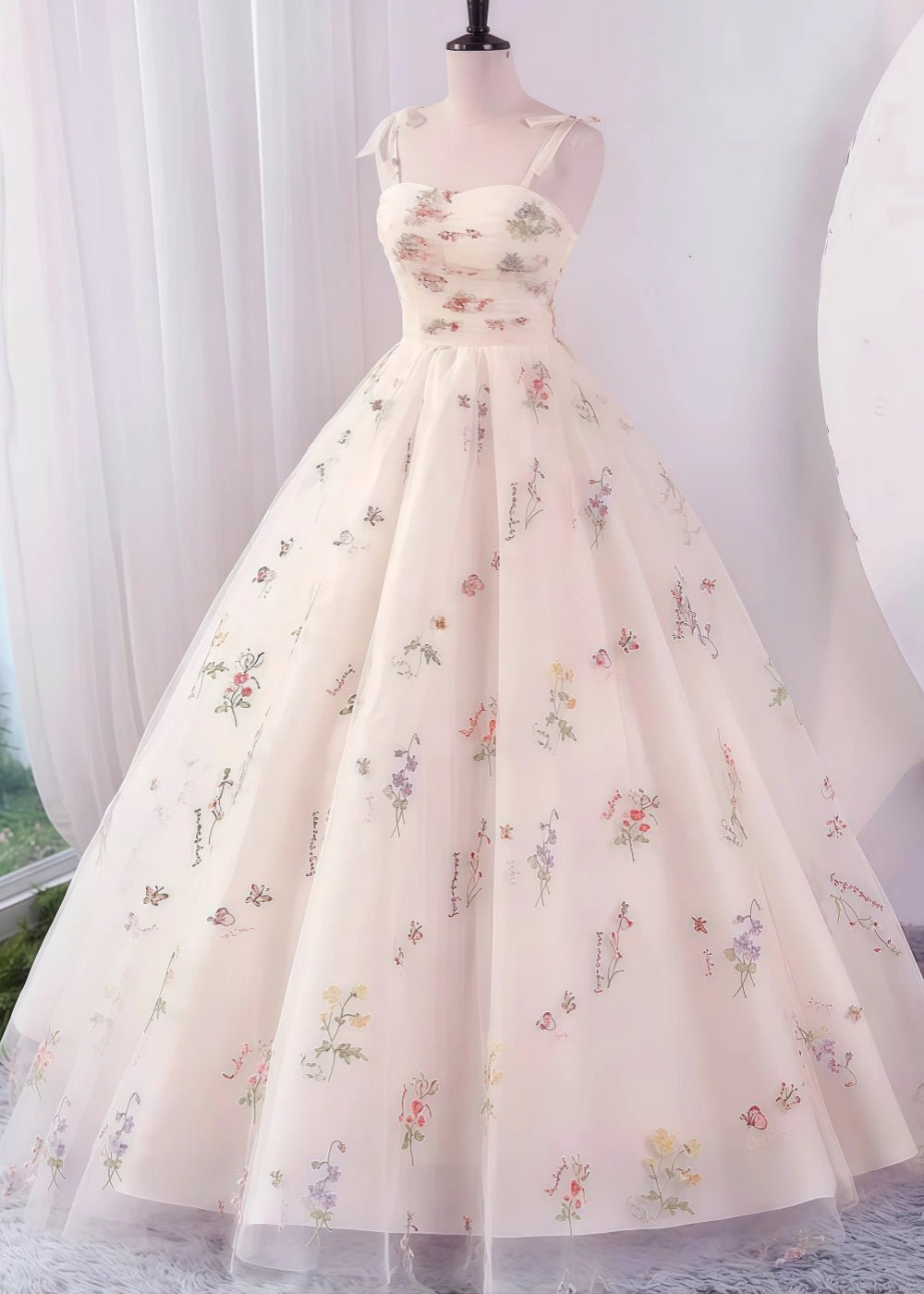 Isabel | Exquisite Elegant Champagne Floral Sweetheart Neck Corset Wedding Dress with Bow - Champagne Floral - PromDressClub