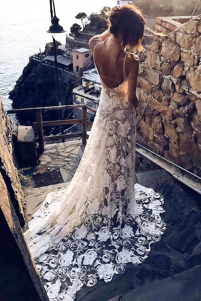 Isabel | Exquisite Mermaid Backless White Lace Wedding Dress with Sweep Train - White - PromDressClub