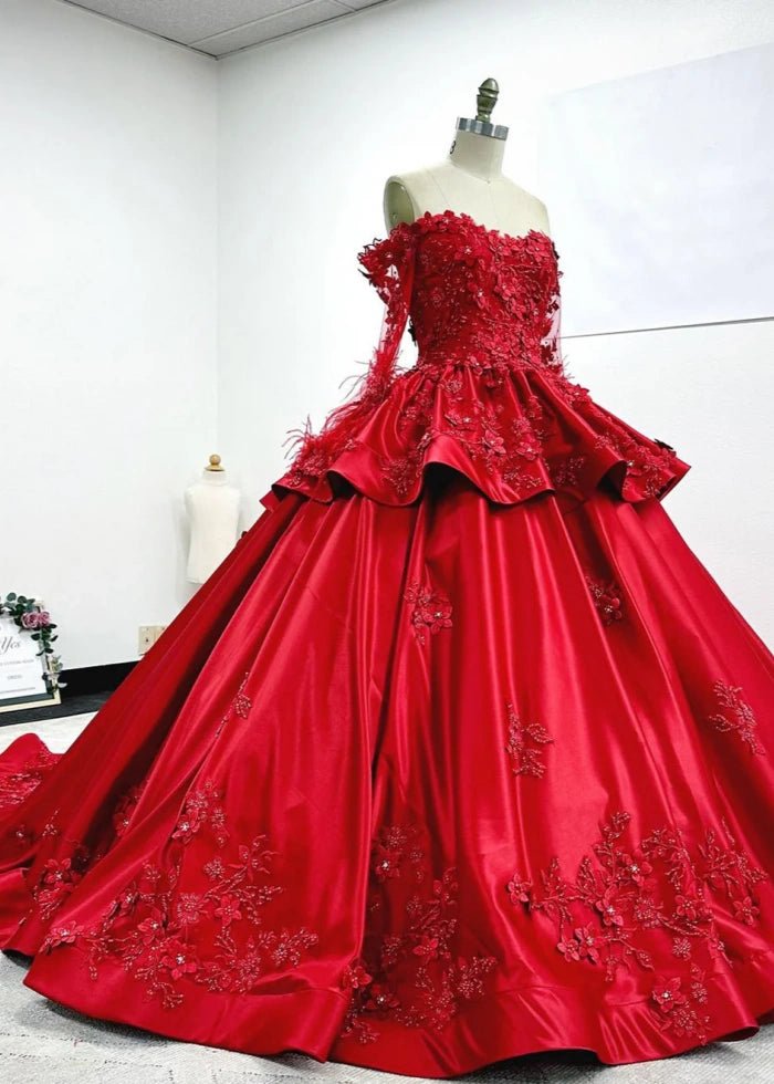 Isabelle | Stunning Long Sleeve Red Quince Dresses with Luxurious Satin Details - Red - PromDressClub