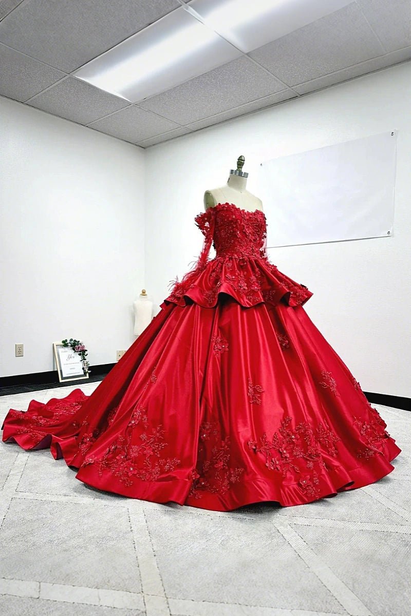 Isabelle | Stunning Long Sleeve Red Quince Dresses with Luxurious Satin Details - Red - PromDressClub