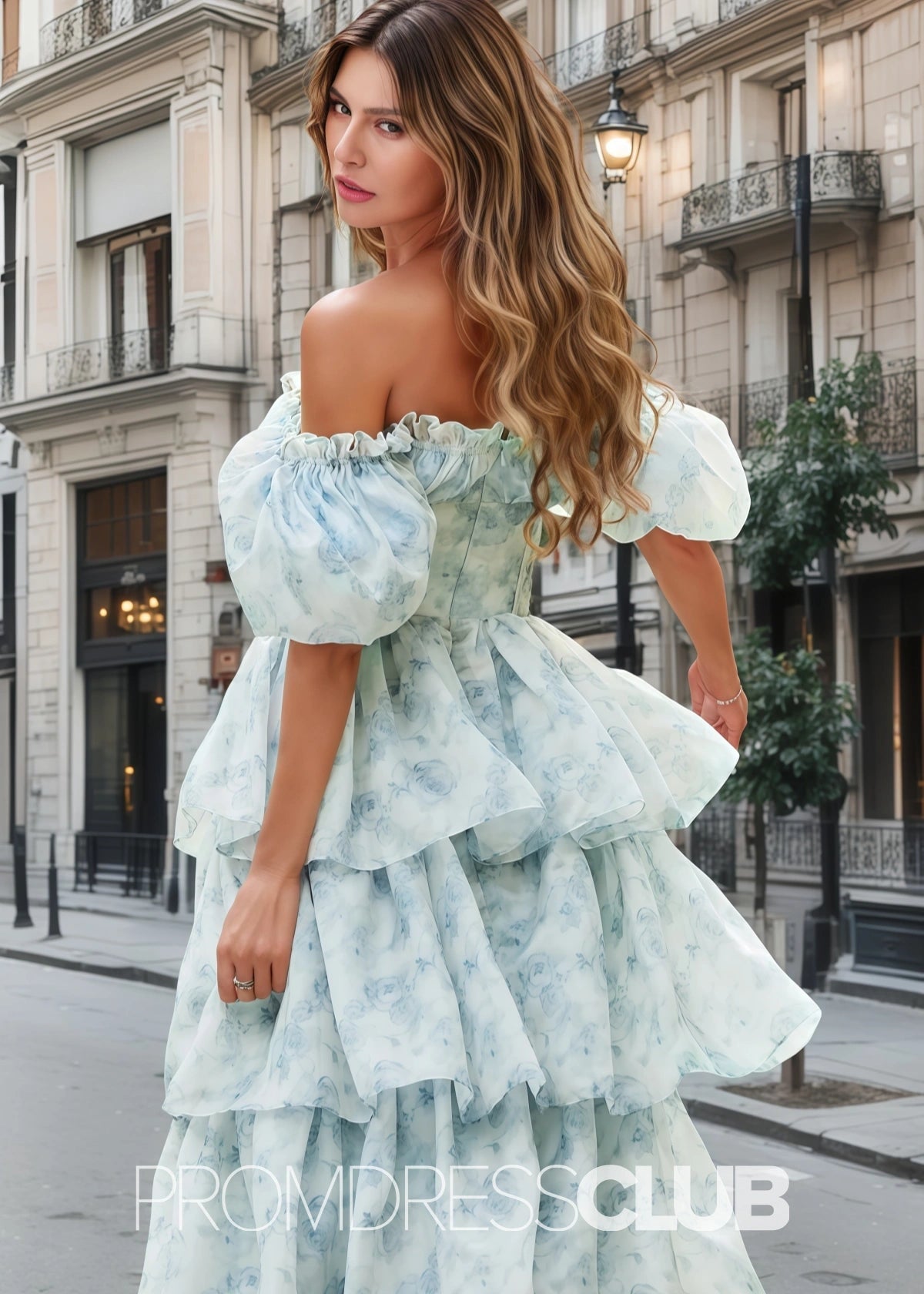 Jacqueline | Tiered Corset Light Blue Floral Long Formal Dress with Ruffles - Light Blue Floral - PROMDRESS Club