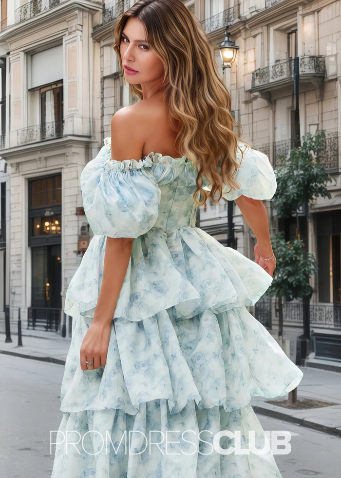 Jacqueline | Tiered Corset Light Blue Floral Long Formal Dress with Ruffles - Price #price_variant_lowest# - Light Blue Floral - PromDressClub