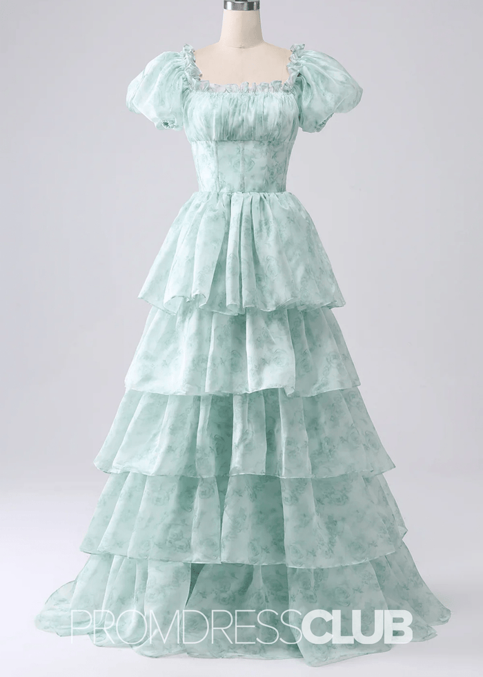 Jacqueline | Tiered Corset Light Blue Floral Long Formal Dress with Ruffles - Price #price_variant_lowest# - Sage Floral - PromDressClub