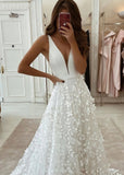 Jamie | Elegant V Neck Sleeveless White Wedding Dress with 3D Floral Appliques - White - PROMDRESS Club