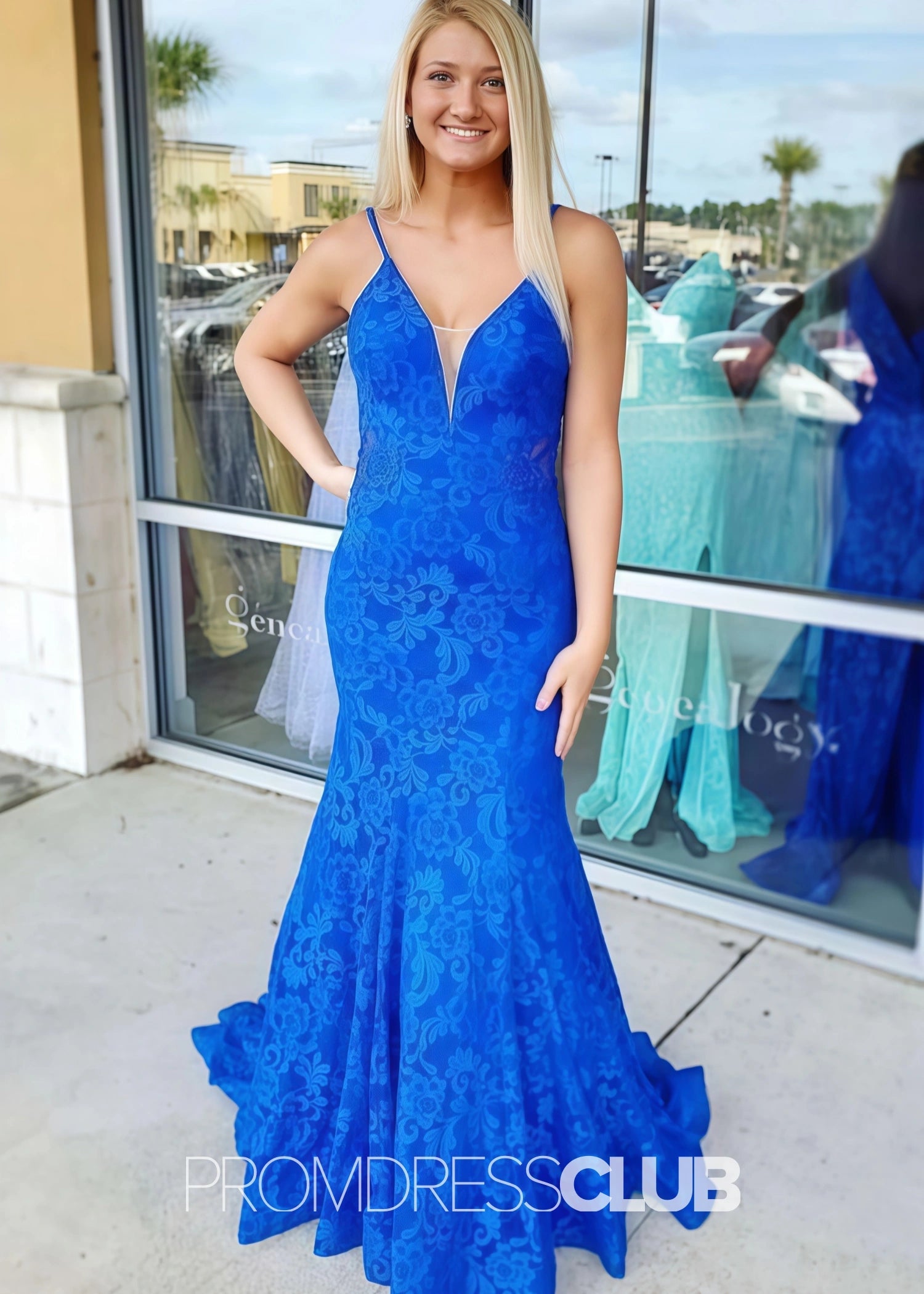 Jamie |Hot Pink Long Prom Dresses Near Me With Mermaid Strapless Trumpet Lace Open Back - Blue - US0 - PromDressClub