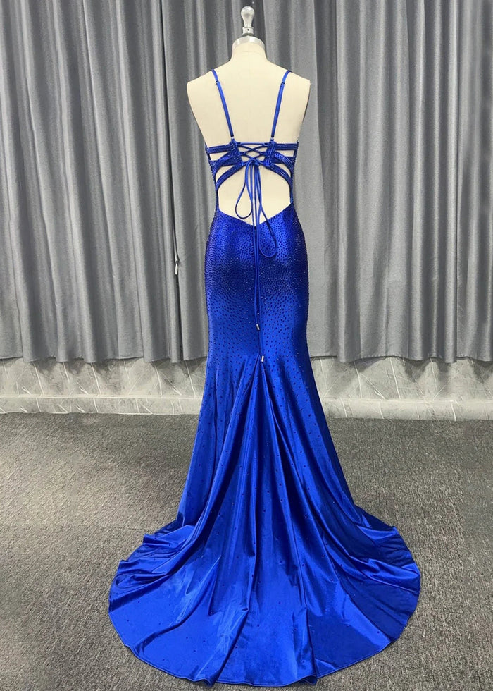 Jamie | Mermaid Royal Blue V Neck Spaghetti Strap Beaded Formal Dress with Slit - Royal Blue - PromDressClub