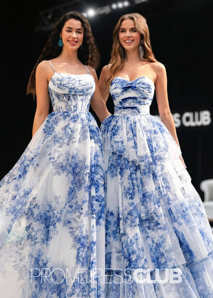 Jamie | Strapless Tiered White Blue Flower Long Prom Dress - Price #price_variant_lowest# - Blue Floral - PromDressClub