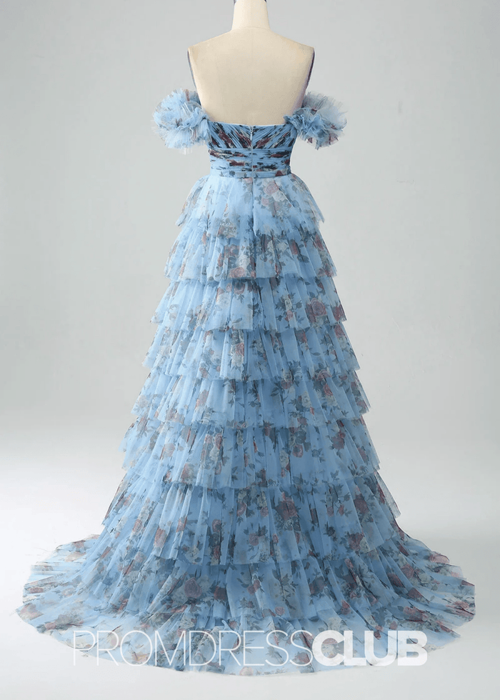 Jane | A Line Lavender Floral Long Prom Dress with Ruffles - Price #price_variant_lowest# - Blue Floral - PromDressClub