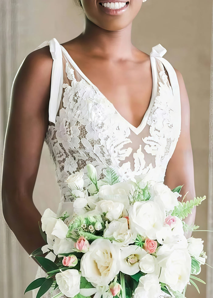 Janet | Exquisite Mermaid V Neck Backless Lace Wedding Dress with Long Train - White - PromDressClub