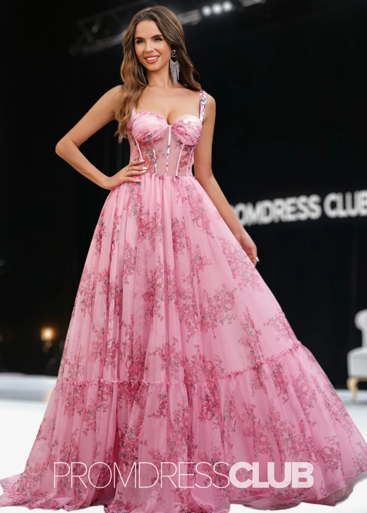 Janet | Pink Floral Sweetheart Pleated Long Prom Dress - Pink Floral - PROMDRESS Club