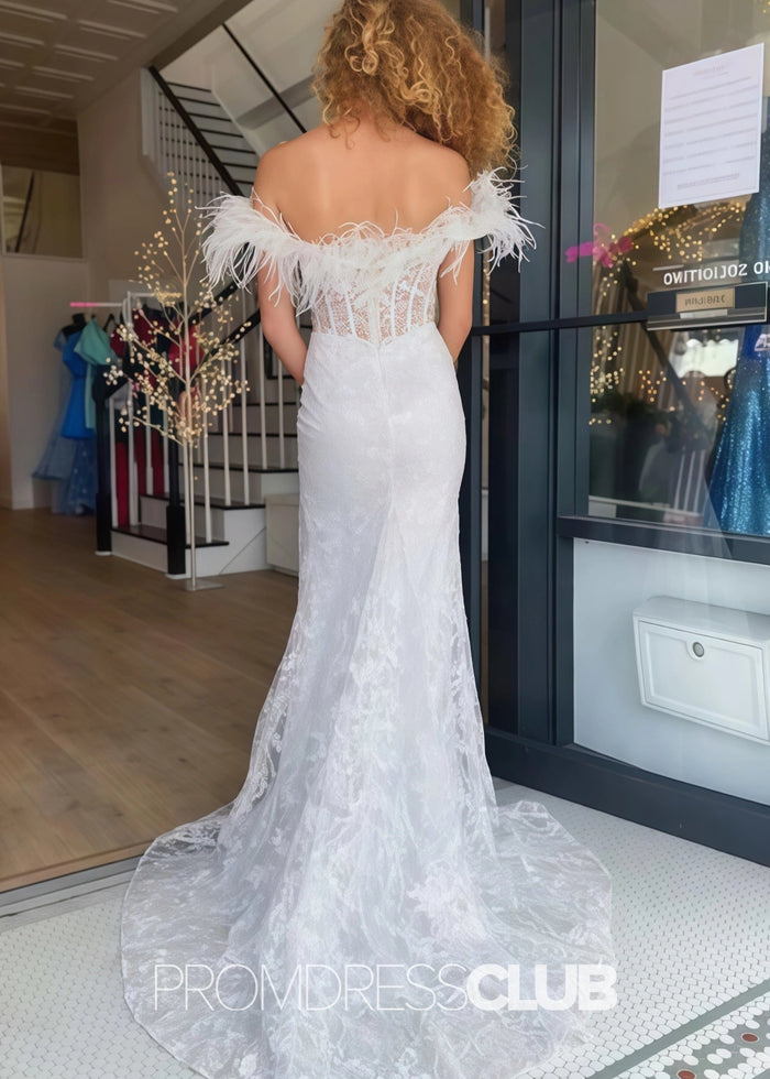 Janet |White Long Prom Dresses Near Me With Lace Feather Off - the - Shoulder Mermaid - Price #price_variant_lowest# - White - PromDressClub