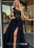 Janice |Black Long Prom Dresses Near Me With One Shoulder Lace A Line Tiered Ruffles High Slit - Black - US0 - PromDressClub