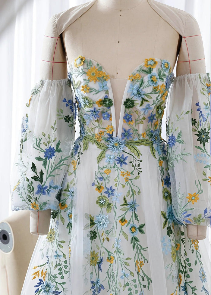 Jasmine | Gorgeous White Floral Strapless Long Sleeve Wedding Dress with Detachable Sleeves - White Floral - PromDressClub