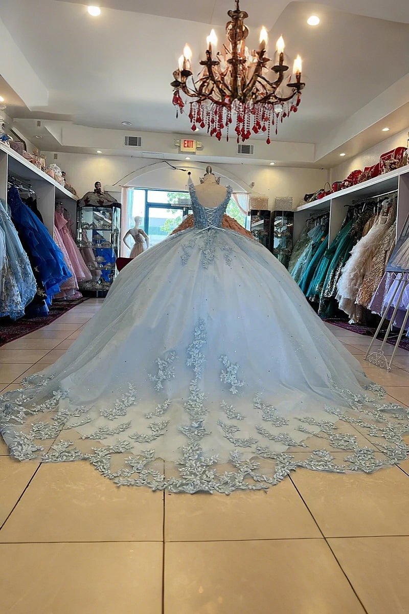 Jean | Elegant Blue Quince Dresses with Lace and Tulle Details - Light Blue - PromDressClub