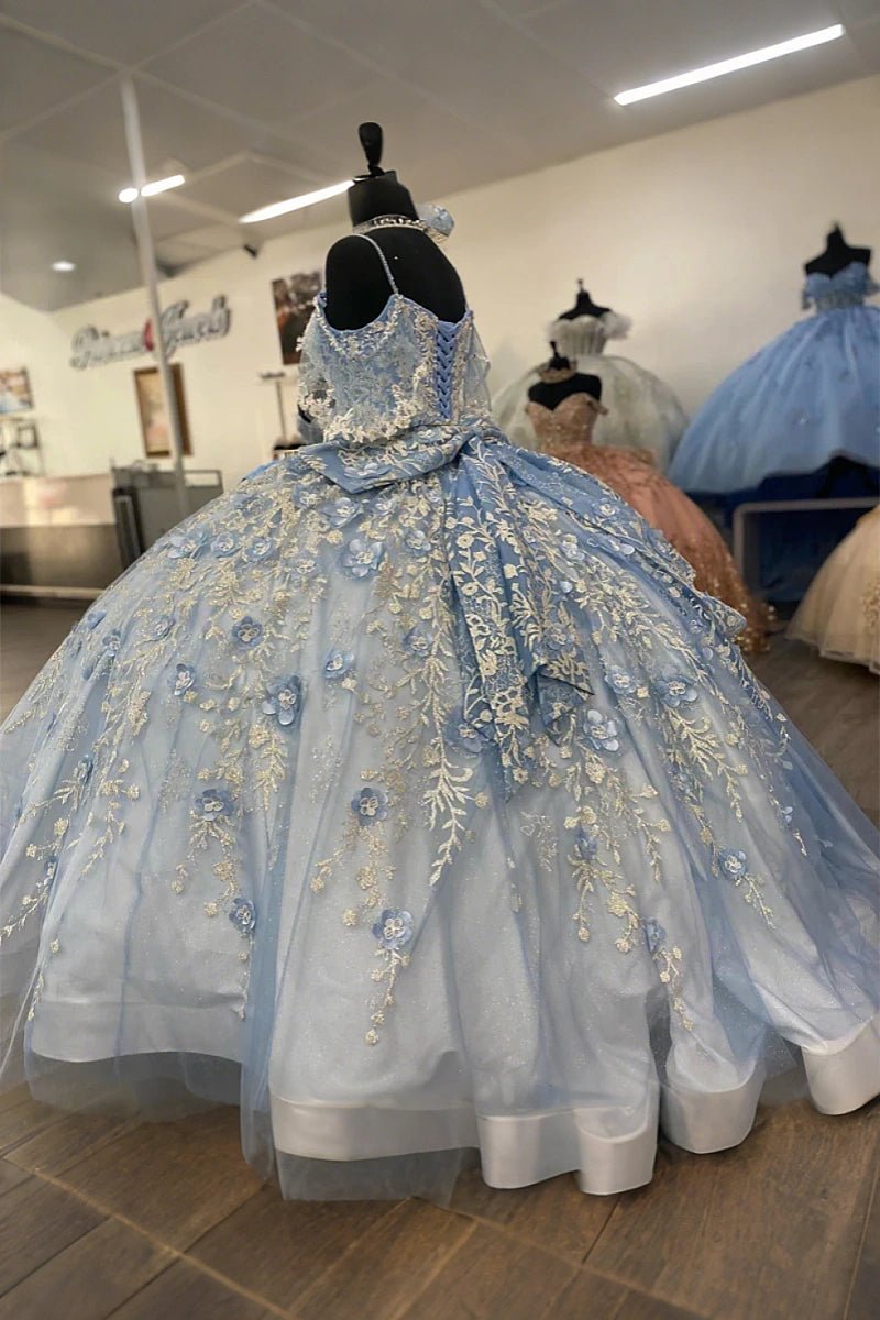 Jeanette | Exquisite Blue and Gold Quince Dresses with Glitter Elegance - Light Blue - PromDressClub