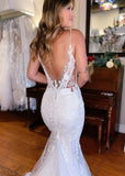 Jennifer | Elegant V Neck Lace Mermaid Wedding Dress with Long Train - White - PROMDRESS Club