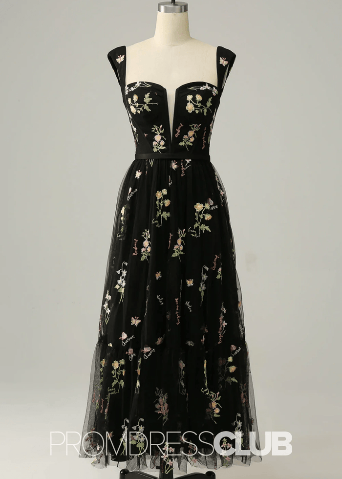 Jennifer | Light Purple Floral A Line Sweetheart Midi Prom Dress - Black Floral - PromDressClub