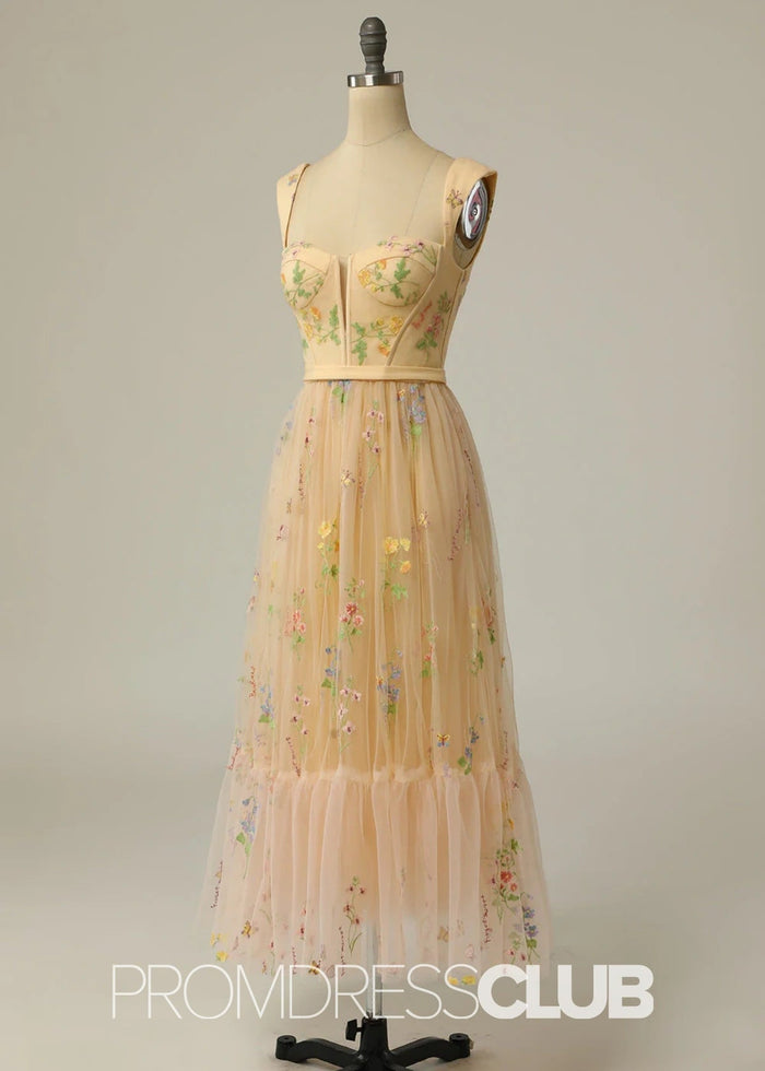 Jennifer | Light Purple Floral A Line Sweetheart Midi Prom Dress - Champagne Floral - PromDressClub