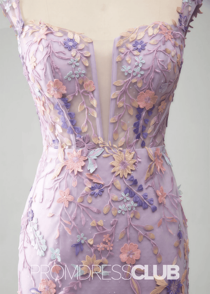Jessica | Light Purple Floral Mermaid Embroidered Long Prom Dress - Light Purple Floral - PromDressClub