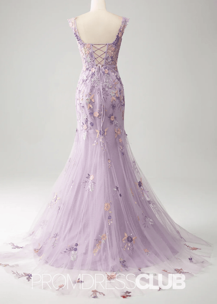 Jessica | Light Purple Floral Mermaid Embroidered Long Prom Dress - Light Purple Floral - PromDressClub