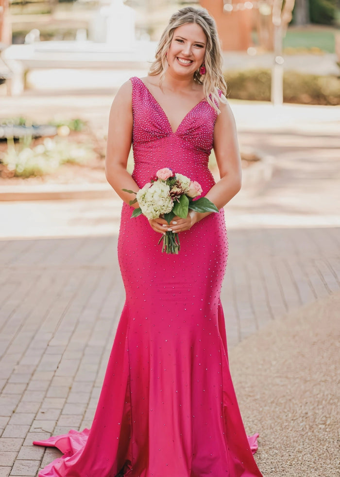 Jessica | Royal Blue Glitter Trumpet Mermaid Beaded Prom Dress with Train - Hot Pink - PromDressClub