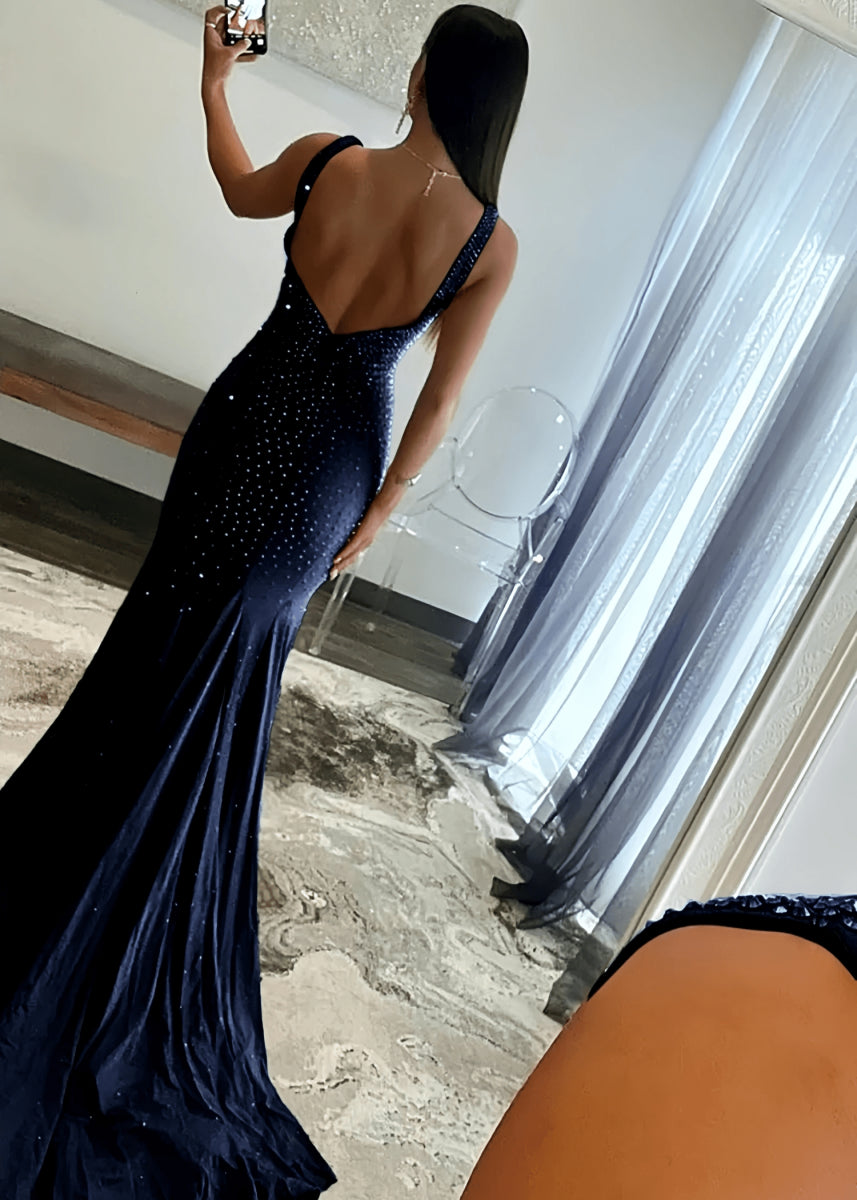 Jessica | Royal Blue Glitter Trumpet Mermaid Beaded Prom Dress with Train - Navy Blue - PromDressClub