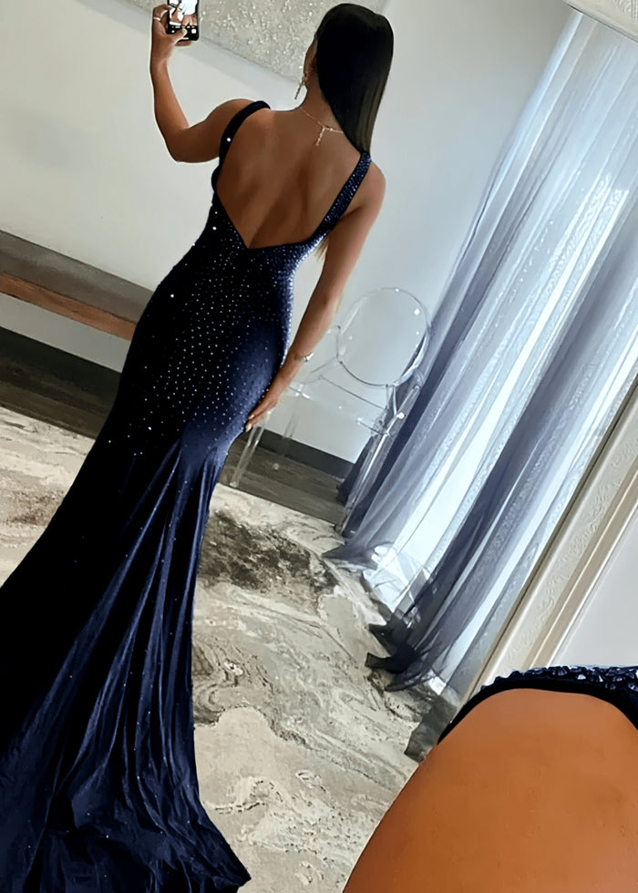Jessica | Royal Blue Glitter Trumpet Mermaid Beaded Prom Dress with Train - Navy Blue - PromDressClub