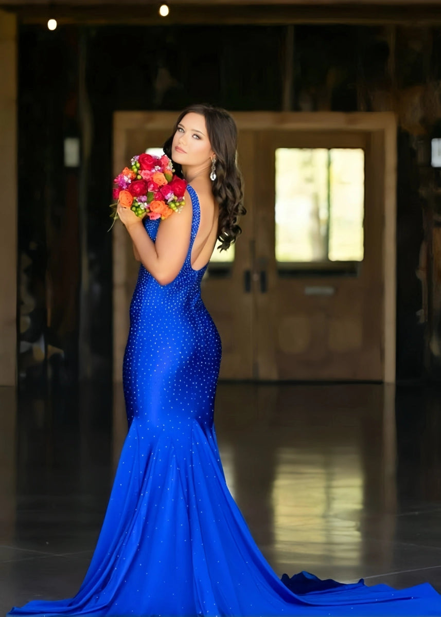 Jessica | Royal Blue Glitter Trumpet Mermaid Beaded Prom Dress with Train - Royal Blue - PromDressClub