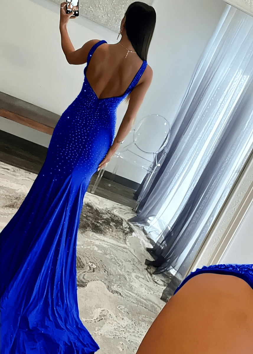 Jessica | Royal Blue Glitter Trumpet Mermaid Beaded Prom Dress with Train - Royal Blue - PromDressClub