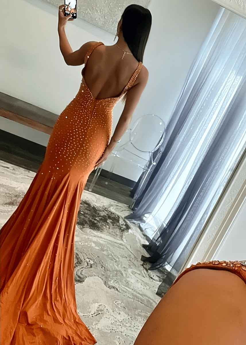 Jessica | Royal Blue Glitter Trumpet Mermaid Beaded Prom Dress with Train - Rust - PromDressClub