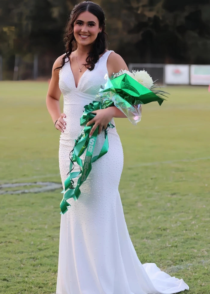 Jessica | Royal Blue Glitter Trumpet Mermaid Beaded Prom Dress with Train - White - PromDressClub