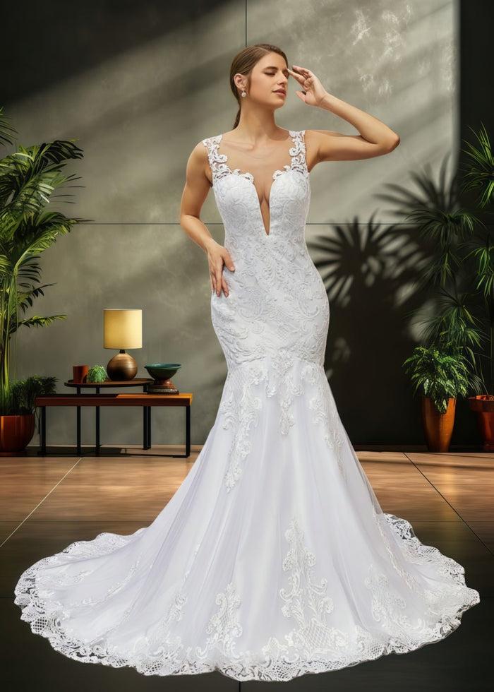 Jessica | Trumpet/Mermaid Tulle Lace Scoop White Wedding Dress Court Train - Romantic and Alluring Bridal Gown - White - PromDressClub