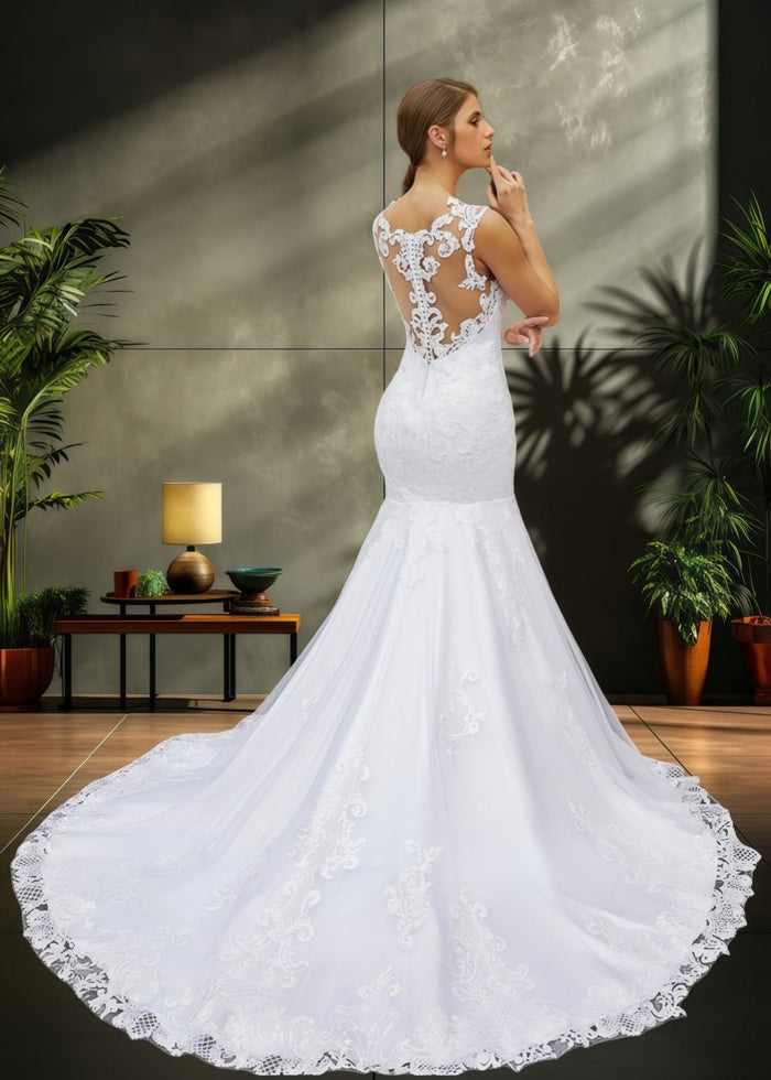 Jessica | Trumpet/Mermaid Tulle Lace Scoop White Wedding Dress Court Train - Romantic and Alluring Bridal Gown - White - PromDressClub