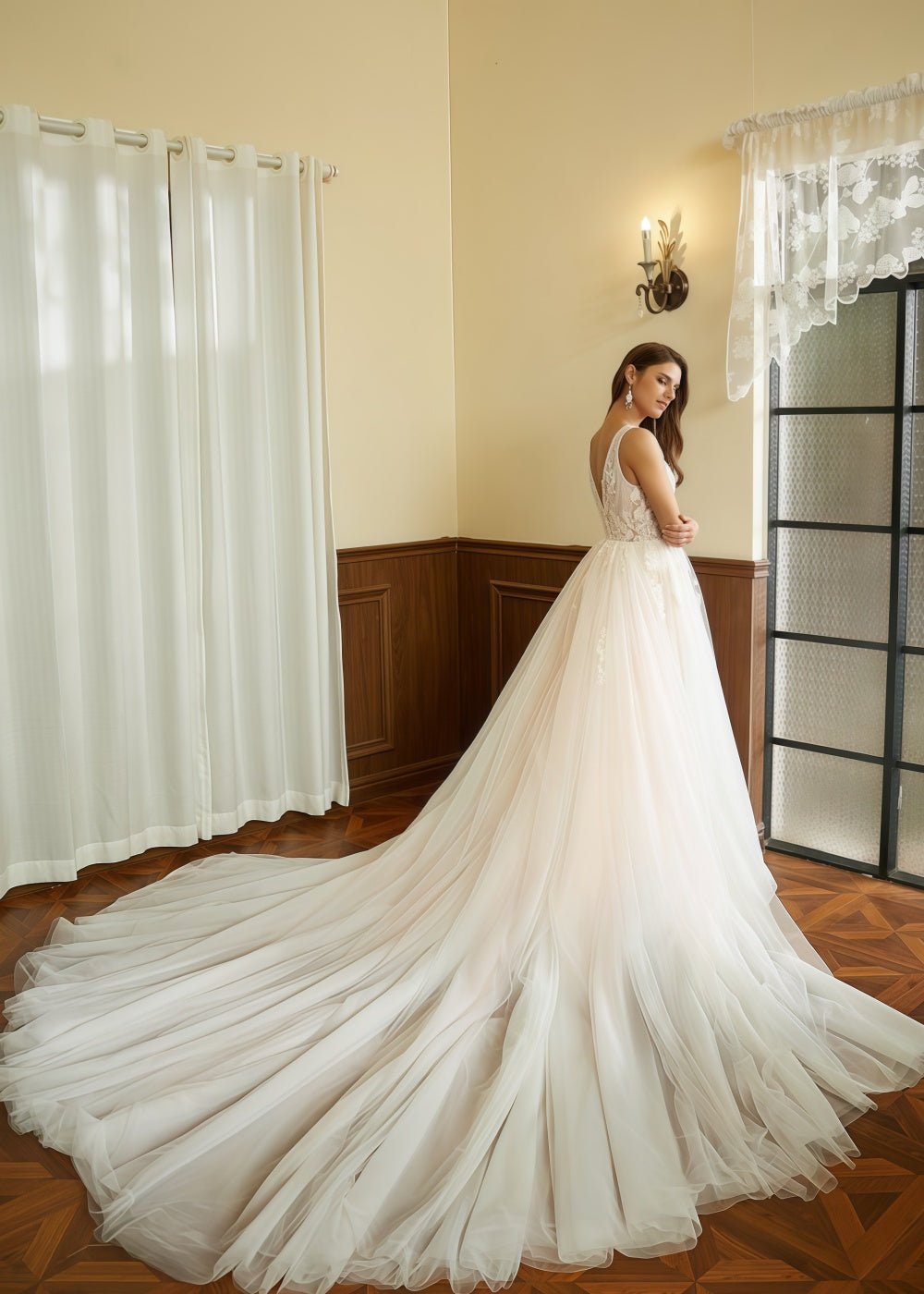 Jill | A Line/Princess V Neck Backless Wedding Dress with Applique Lace - Timeless Bridal Elegance - Ivory - PromDressClub