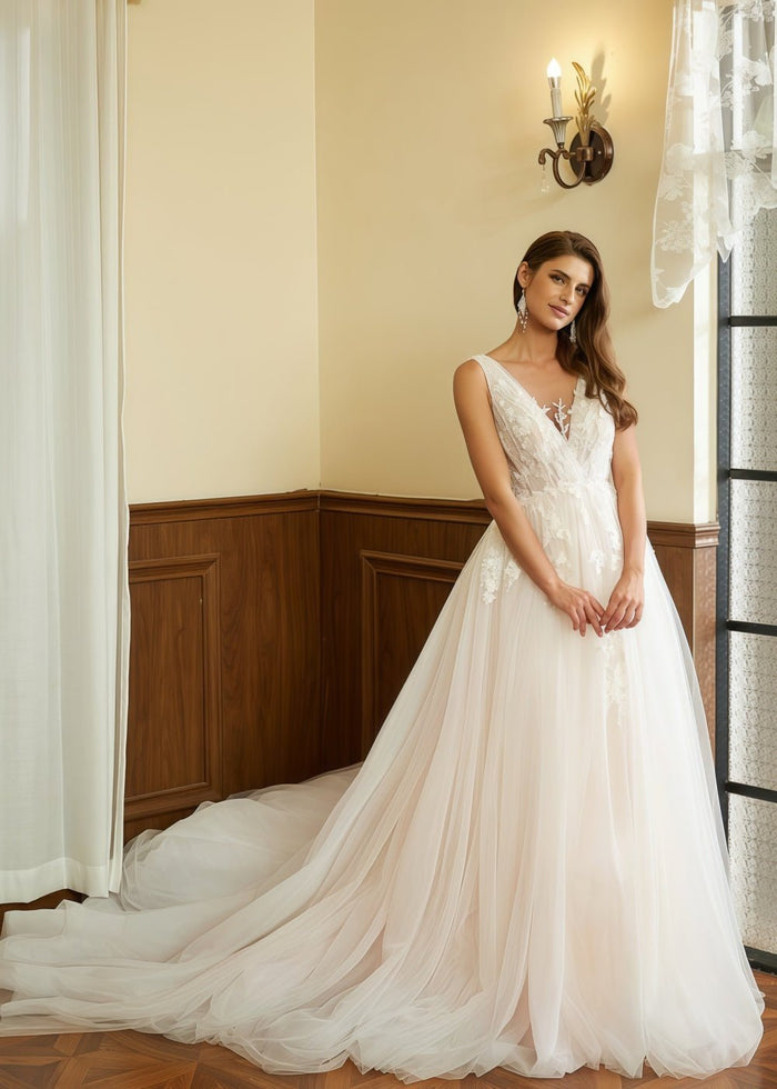 Jill | A Line/Princess V Neck Backless Wedding Dress with Applique Lace - Timeless Bridal Elegance - Ivory - PromDressClub