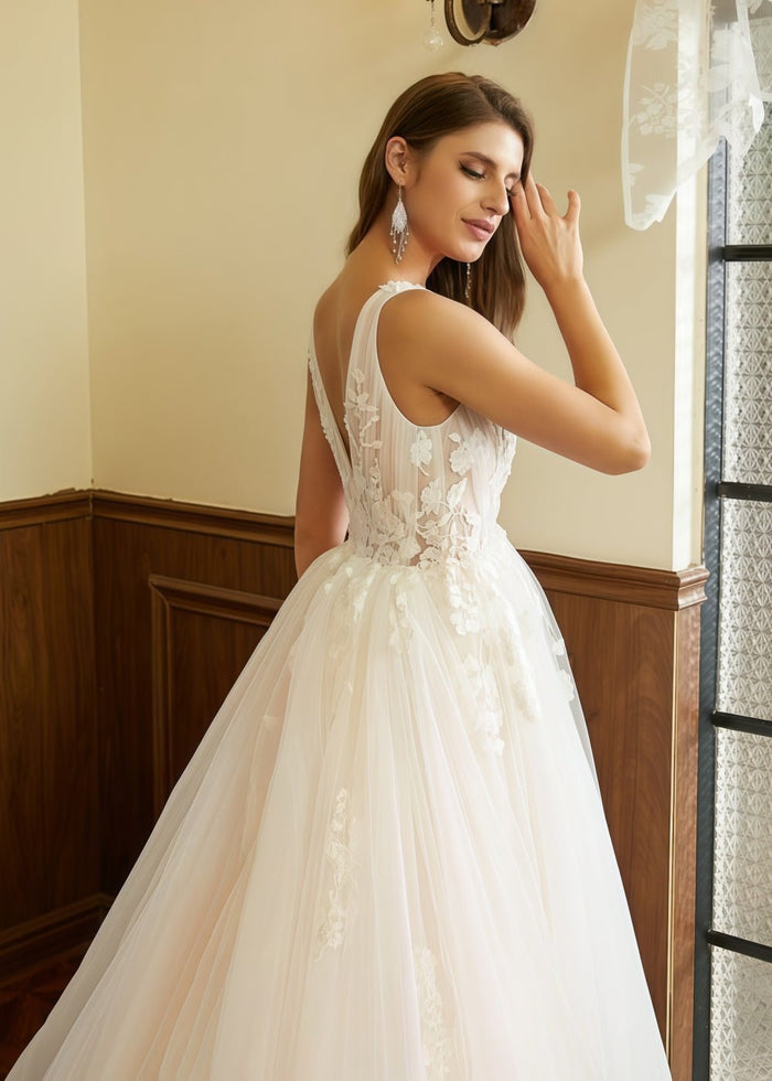 Jill | A Line/Princess V Neck Backless Wedding Dress with Applique Lace - Timeless Bridal Elegance - Ivory - PromDressClub