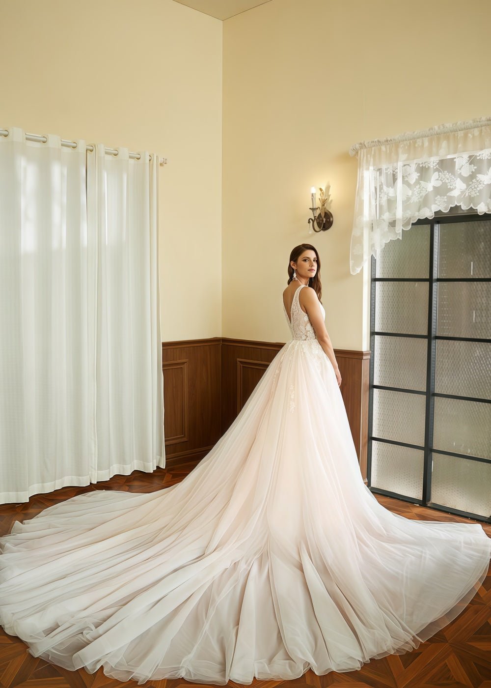 Jill | A Line/Princess V Neck Backless Wedding Dress with Applique Lace - Timeless Bridal Elegance - Ivory - PromDressClub