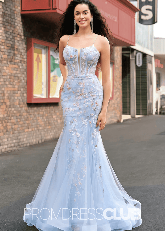 Jill | Light Blue Floral Mermaid Embroidered Tulle Prom Dress - Price #price_variant_lowest# - Light Blue Floral - PromDressClub