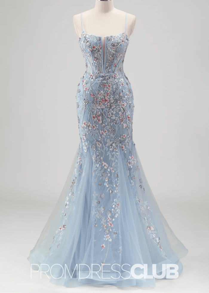 Jill | Light Blue Floral Mermaid Embroidered Tulle Prom Dress - Price #price_variant_lowest# - Light Blue Floral - PromDressClub