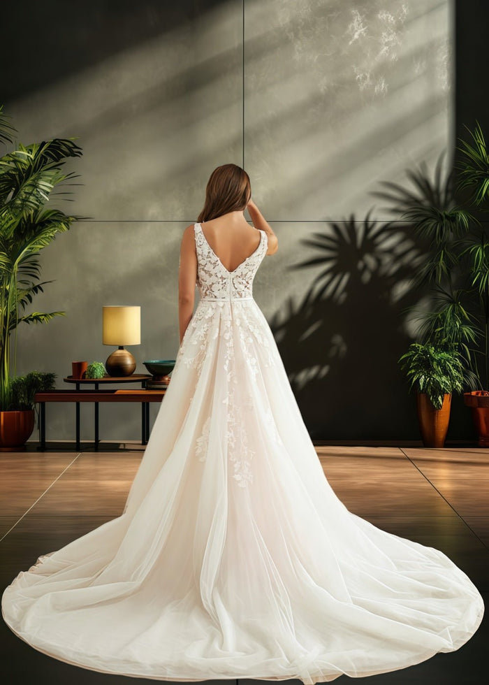 Jo | V Neck Princess Sleeveless Applique Lace Wedding Dress Train - A Blend of Allure and Elegance - White - PromDressClub