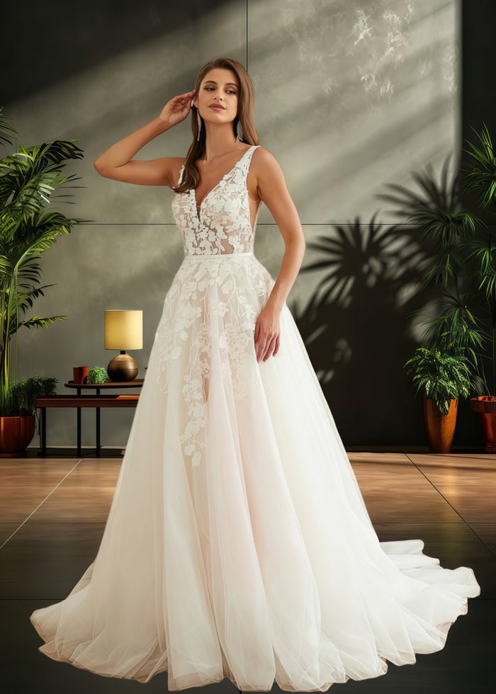 Jo | V Neck Princess Sleeveless Applique Lace Wedding Dress Train - A Blend of Allure and Elegance - White - PromDressClub