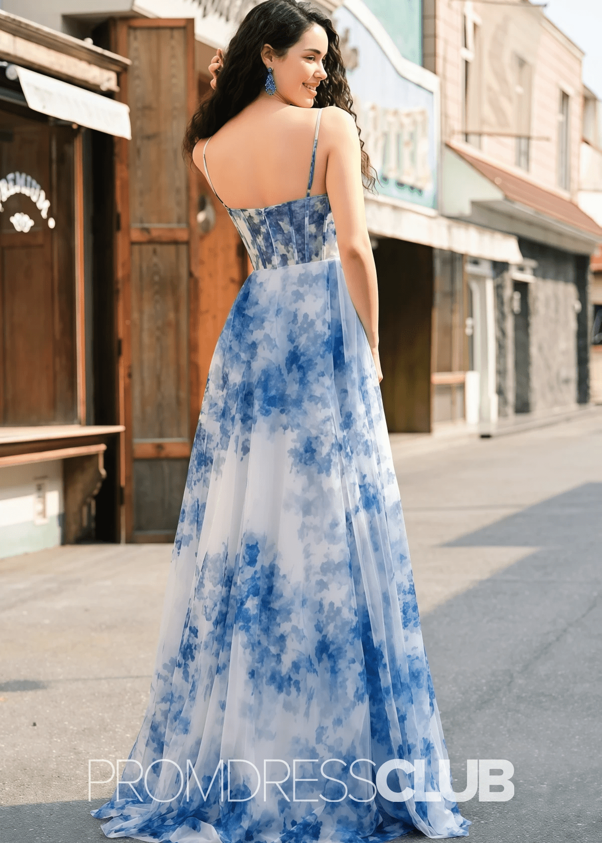 Jo | White Blue Flower A Line Ruched Corset Maxi Prom Dress - Blue Floral - PROMDRESS Club