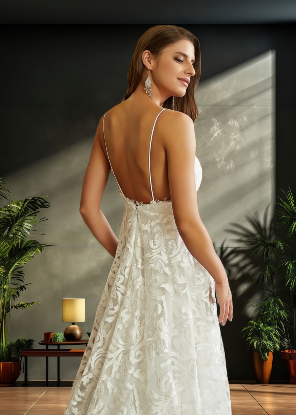 Joan | A Line Spaghetti Strap V Neck Backless Lace Wedding Dress with High Slit - Modern Elegance for Brides - Ivory - PromDressClub